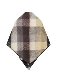 Plaid scarf in soft fabric featuring shades of dark purple, beige, gray, and black, with a smooth texture and outlined edges.