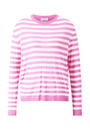 Maglione a righe rosa e bianche con maniche lunghe, scollatura rotonda e orlo a costine. Realizzato in morbido tessuto a maglia.