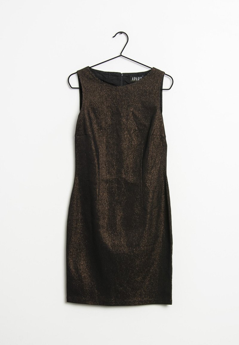 Robe métallisée marron foncé ajustée, sans manches, longueur genou, suspendue à un cintre noir sur un fond blanc.