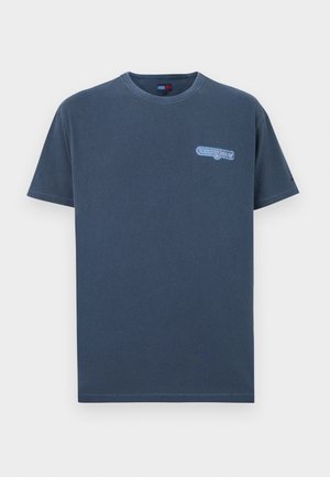 Marineblaues Baumwoll-T-Shirt mit kurzen Ärmeln, Rundhalsausschnitt und kleinem blauem Grafiklogo vorne. Glatte Textur, Standardpassform.