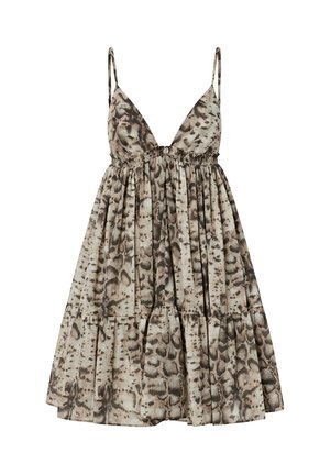 Mouwloze jurk met V-hals, dunne bandjes, taille met plooien, een gelaagde rok en een beige en bruine slangenprint.