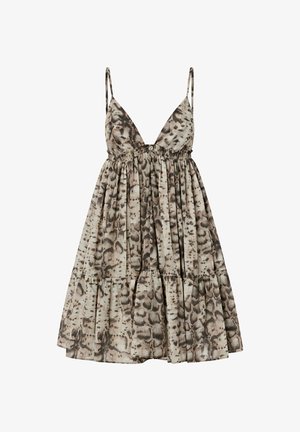 Mouwloze jurk met V-hals, dunne bandjes, taille met plooien, een gelaagde rok en een beige en bruine slangenprint.