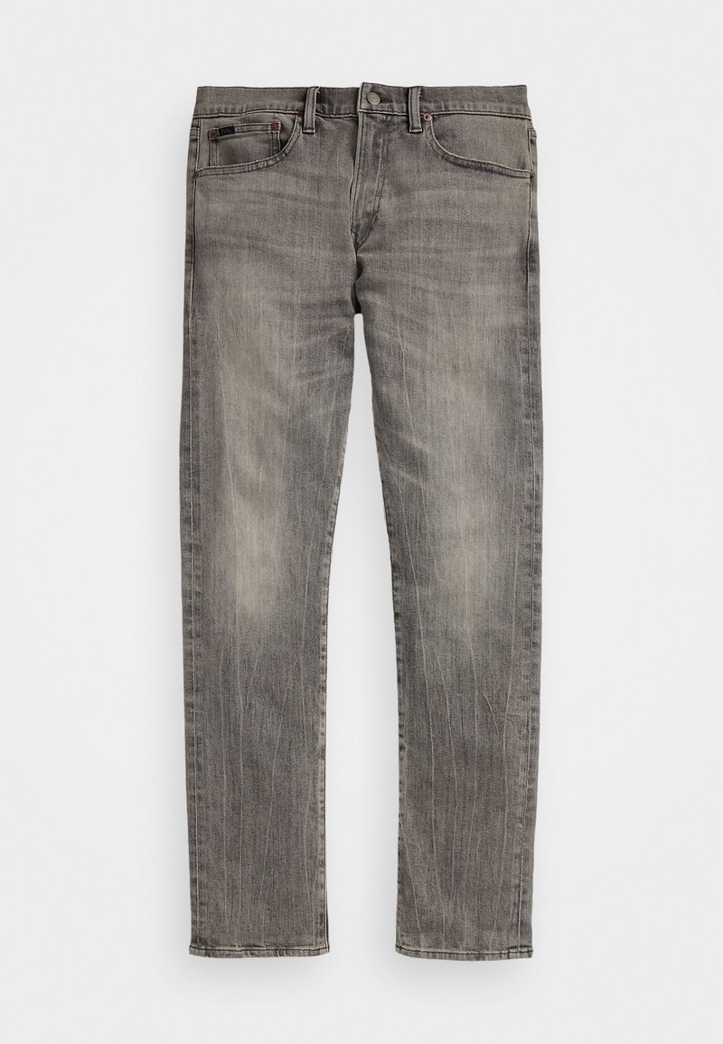 Jean en denim gris délavé avec poches avant et passants de ceinture, présenté à plat sur fond blanc.