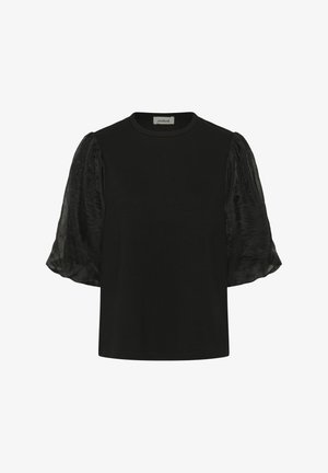 Fekete rövid ujjú felső áttetsző, légies puffadt ujjakkal és kerek nyakkivágással, a gallér belső oldalán Soaked márkajelzéssel.