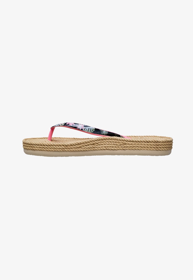 Sandale flip-flop avec semelle tressée beige et lanières noires ornées de motifs floraux roses et de feuilles vertes.