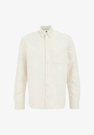 Vit långärmad skjorta med ljusblå vertikala ränder, knapp-down krage, bröstficka och texturerad tyg.