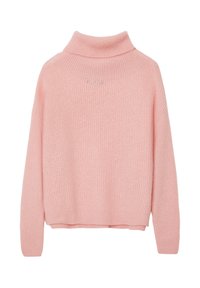Weicher pinker Strickpullover mit hohem, geripptem Rollkragen und langen Ärmeln. Der Pullover hat einen lockeren Schnitt sowie gerippte Bündchen und einen gerippten Saum.
