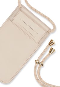 Beige leather cardholder with braided rope strap and gold-tone hardware, featuring two card slots and a smooth texture.