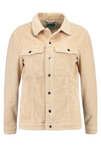 Veste en velours côtelé beige avec col, fermeture à boutons sur le devant, deux poches poitrine à rabat et manches longues.