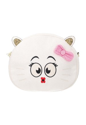 Petit sac rond blanc avec visage de chat cartoon, oreilles dorées pailletées, un nœud rose en haut à droite, et un nez rouge en forme de fleur.