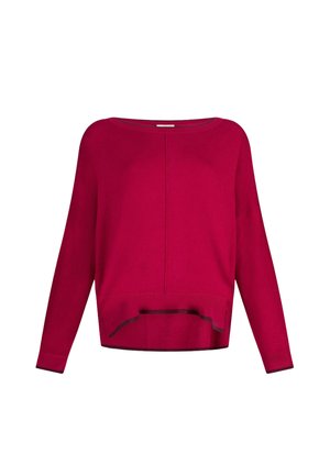 Maglione rosso a maniche lunghe con scollo ampio e vestibilità ampia, caratterizzato da una cucitura centrale e un orlo leggermente curvo.