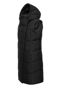 Schwarze gepolsterte Weste mit hohem Kragen, ausgestattet mit einer Kapuze, gestepptem Design und kontrastierender gemusterter Futter. Enthält Seitentaschen und Reißverschlüsse.