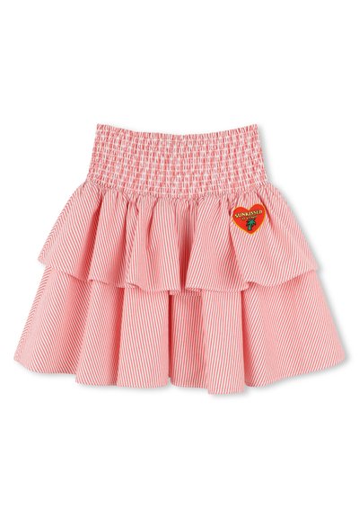 Jupon à volants rayé rouge et blanc avec une taille smockée et une patch en forme de cœur "SUNKISSED" à l'avant. Matière en coton, légère.