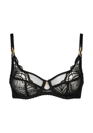 Soutien-gorge en dentelle noire avec des bonnets semi-transparents, motif délicat, bretelles ajustables avec des accents dorés et bordures festonnées.