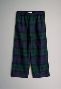 Pantaloni a gamba larga a quadri in verde scuro e navy, con vita elasticizzata e vestibilità rilassata. Il materiale sembra morbido con una texture liscia.