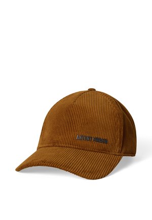 Brown corduroy baseball cap with curved brim, featuring small metal text logo "ANTONY MORATO" on front panel.