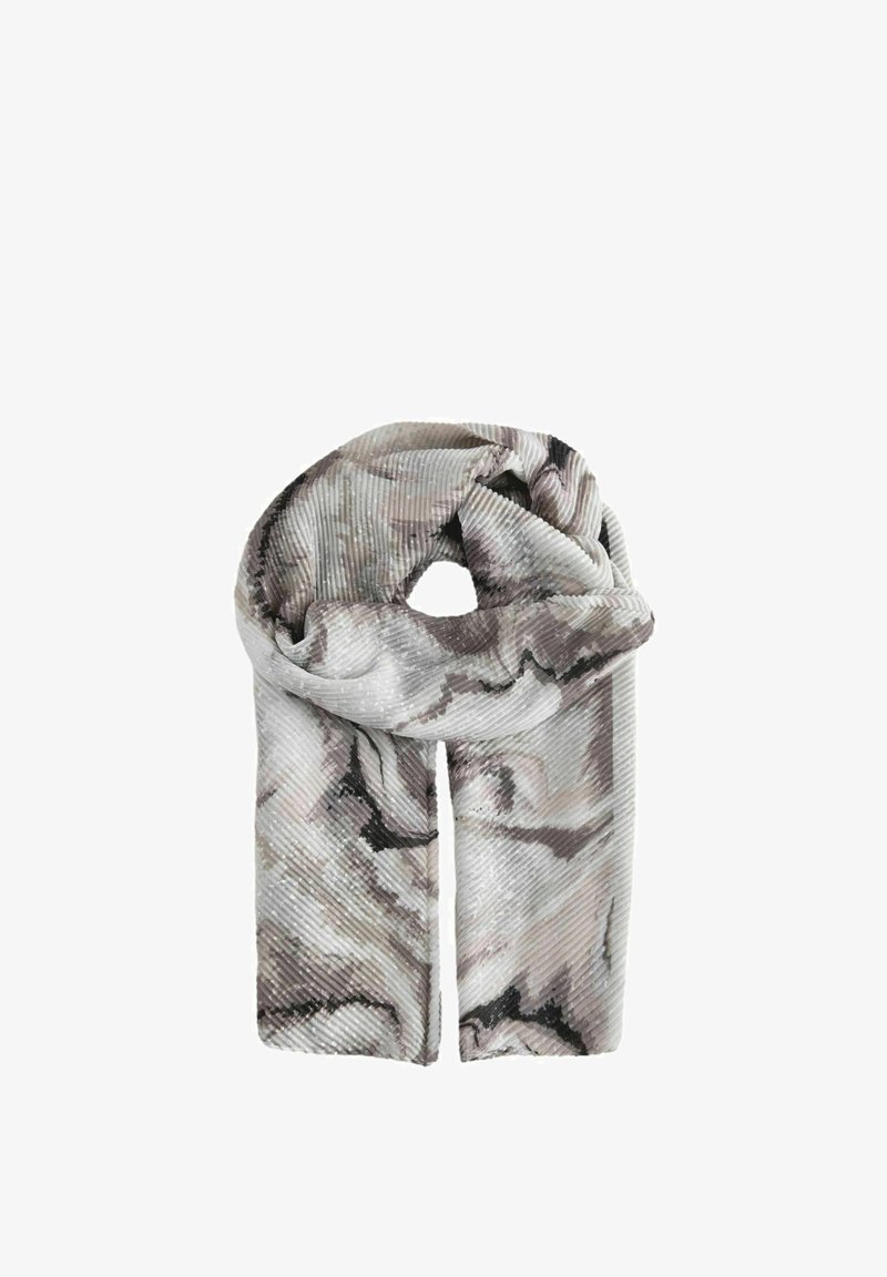 Patterned scarf made of soft fabric, featuring a textured design in shades of gray and cream with dark accents, folded into a loop.