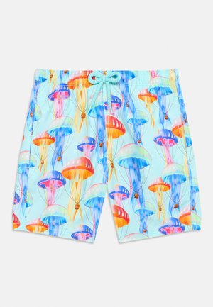 Lyseblå shorts med flerfargede manetmønstre i oransje, rosa og blått, med en lyseblå snor i midjen.