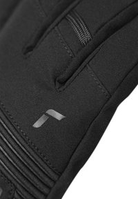 Schwarze Handschuhe aus Stoff mit strukturierten Griffdetails, die ein kleines graues Logo und elastische Akzente aufweisen.