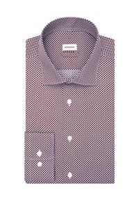Camicia da donna a maniche lunghe piegata, con motivo geometrico bordeaux e bianco, bottoni bianchi e colletto a punta, etichettata Seidensticker.