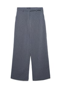 Pantaloni a gamba larga in tessuto grigio scuro con un sottile motivo a righe e pois bianchi, dotati di una vita con passanti per cintura e un design sartoriale.