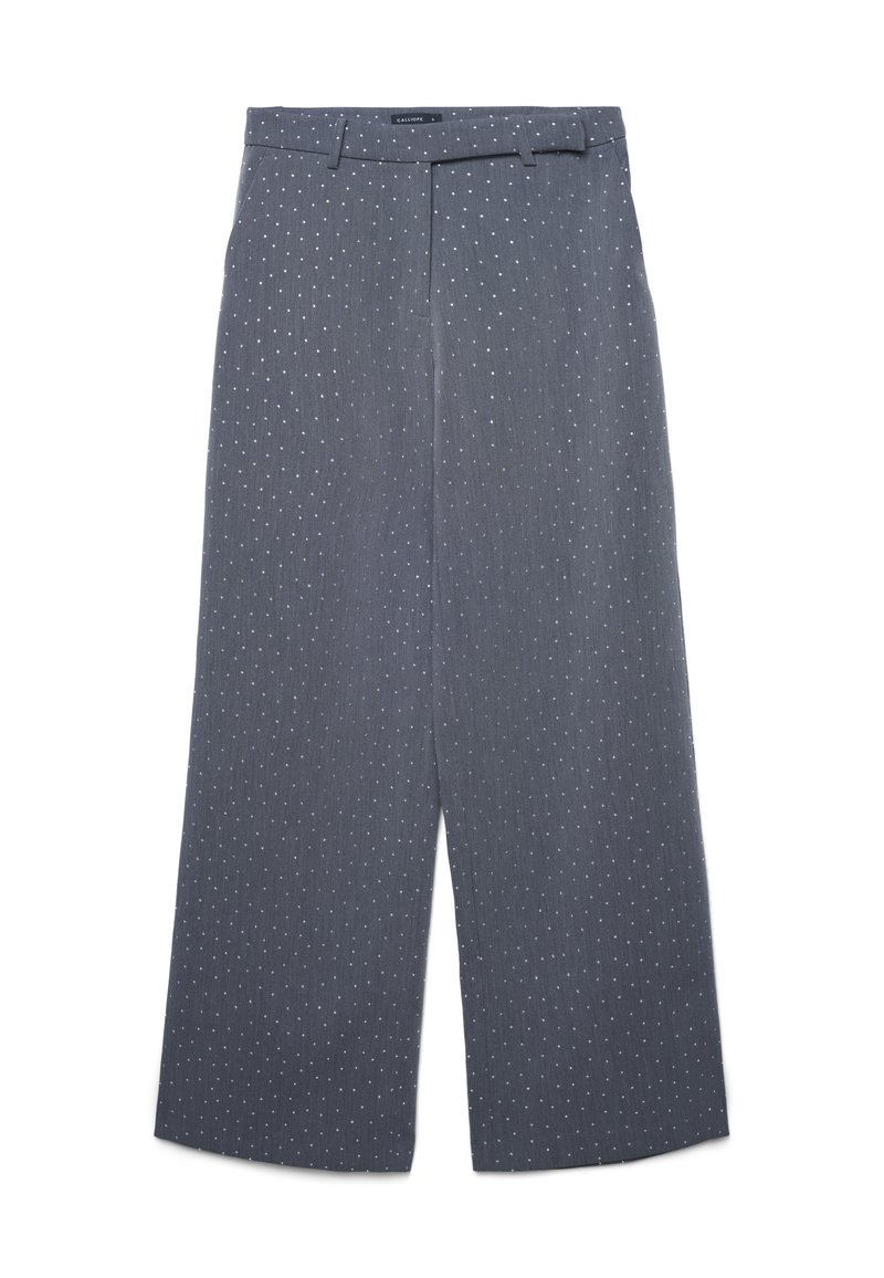 Pantaloni a gamba larga in tessuto grigio scuro con un sottile motivo a righe e pois bianchi, dotati di una vita con passanti per cintura e un design sartoriale.