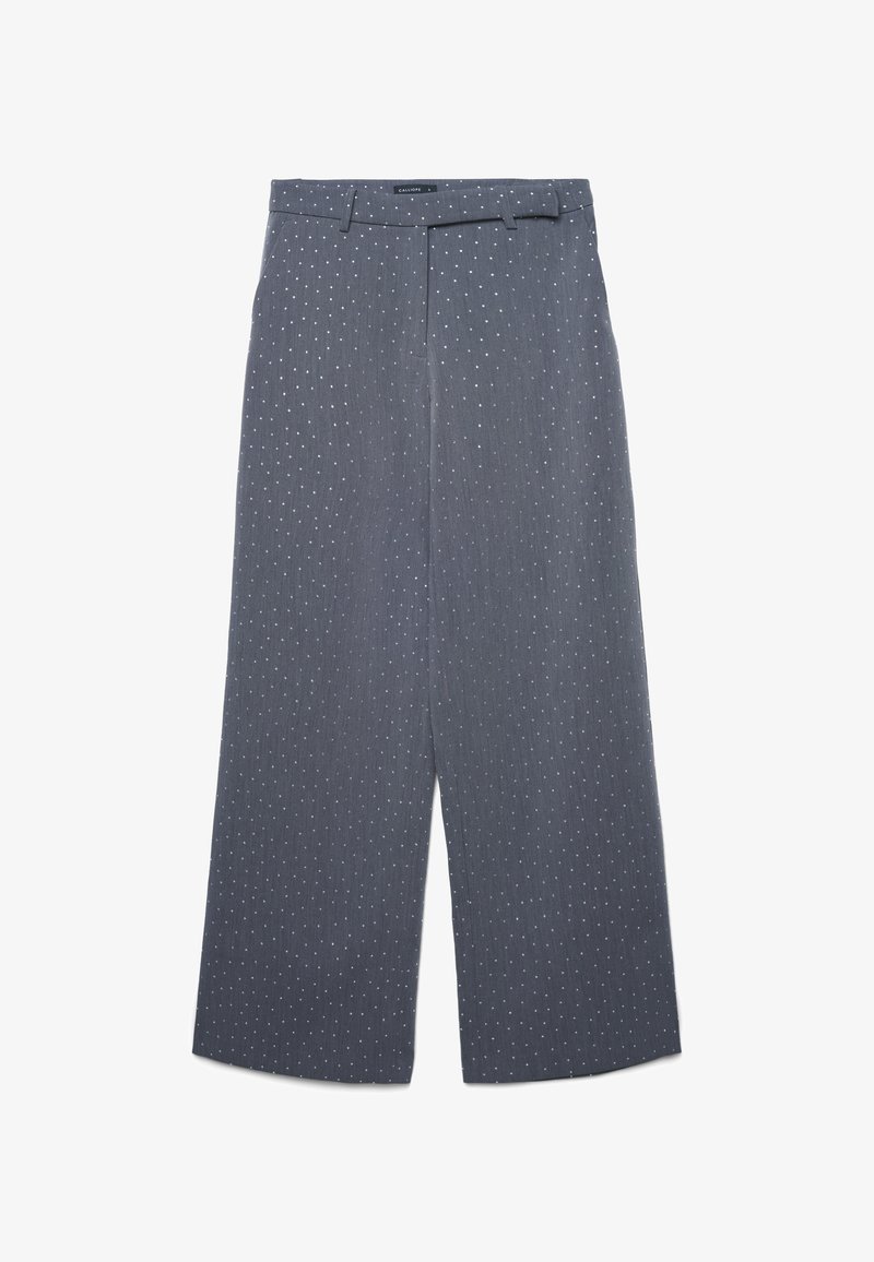 Pantalons à jambe large en tissu gris foncé avec un motif rayé subtil et des pois blancs, dotés d'une taille avec passants pour ceinture et d'une coupe ajustée.