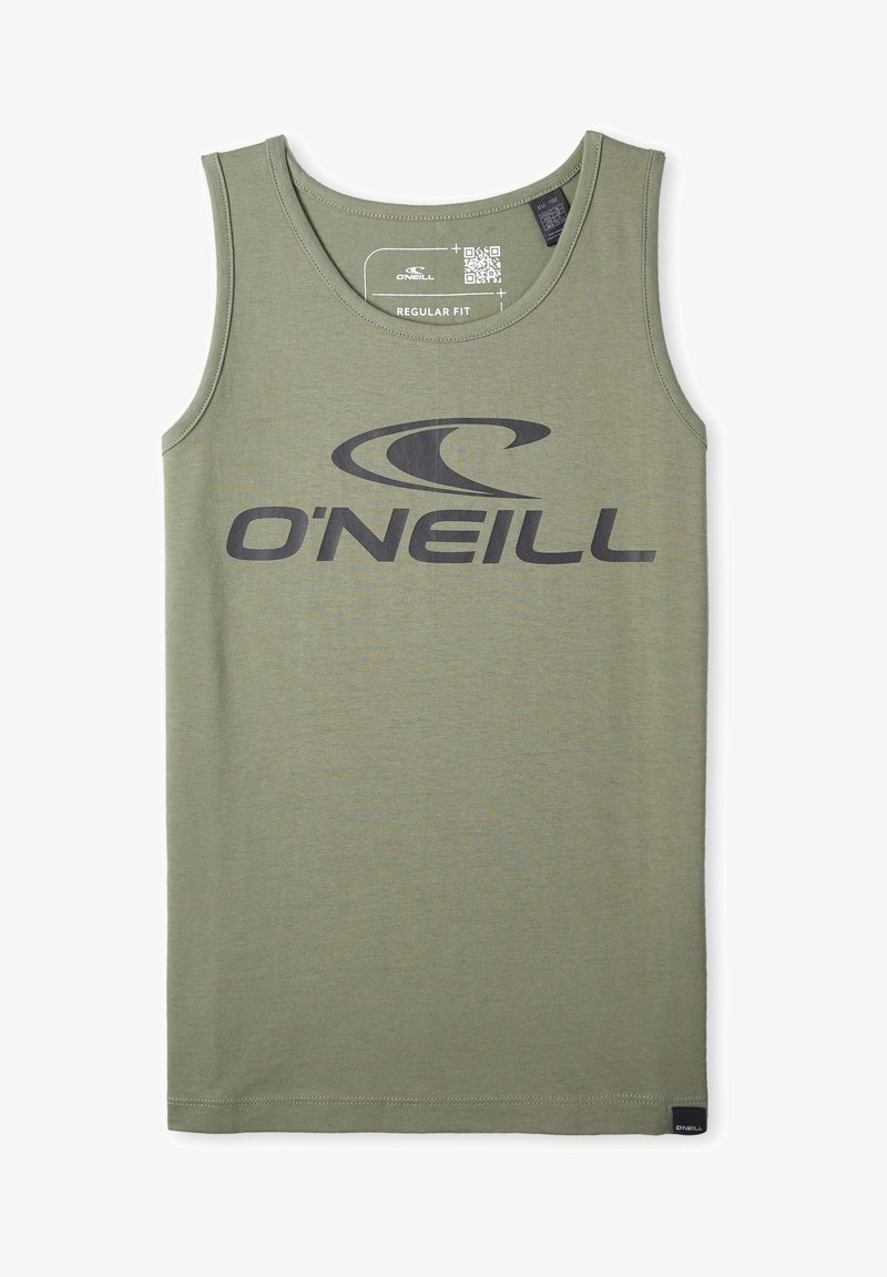 Débardeur sans manches vert olive avec logo O'Neill noir et motif vague sur le devant, coupe régulière et encolure ronde.