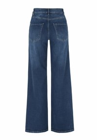Mörkblå vida jeans i denim visade bakifrån med två fickor och bältesöglor på midjan.