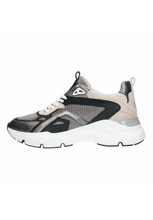 Sneakers in gray and black with mesh and suede materials, featuring a chunky white sole, lace-up design, and metallic accents.