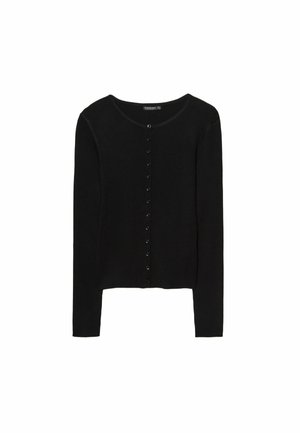 Black long-sleeve cardigan made of ribbed knit fabric, featuring a round neckline and six front buttons along the center.