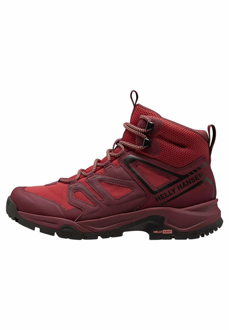 Bota de senderismo de corte medio en burdeos, con paneles de malla, suela de goma, punta de refuerzo y acentos en negro contrastantes con un sistema de cordones.