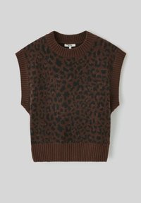 Pull en tricot à motif léopard marron avec des manches courtes, présentant un col rond côtelé et un ourlet, fabriqué en matériau doux et texturé.