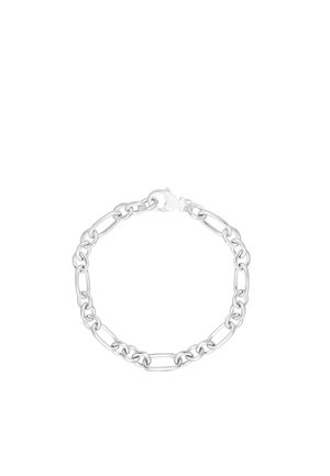 Braccialetto in argento con anelli ovali e rotondi alternativi, chiuso da un gancio a moschettone.