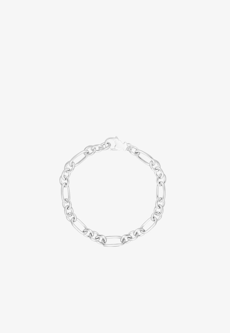 Pulsera de cadena de plata con eslabones ovalados y redondos alternados, asegurada por un cierre de langosta.