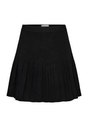 Mini-jupe noire en maille avec une taille ajustée et une partie inférieure plissée, présentée à plat sur fond blanc.
