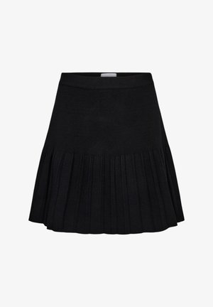 Fustă mini neagră tricotată, cu talie ajustată și jumătate inferioară plisată, prezentată aplatizată pe un fundal alb.