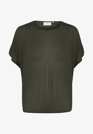 Haut vert à manches courtes en tissu léger et lisse. Présente une coupe décontractée avec un col rond et un design minimaliste.