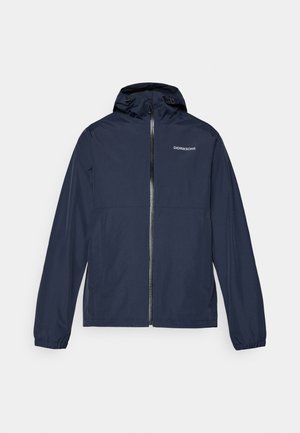 Veste imperméable bleu marine avec capuche, fermeture éclair frontale intégrale, poignets élastiques et logo Didriksons sur la poitrine.