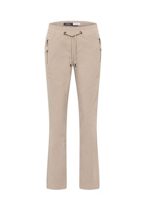 Beige Baumwollmischungshosen mit geradem Schnitt, Tunnelzugbund und zwei seitlichen Reißverschlusstaschen zur Aufbewahrung. Weicher Stoff mit minimaler Textur.
