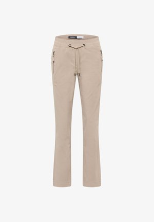 Pantalons en mélange de coton beige avec une coupe droite, taille ajustable par cordon et deux poches latérales zippées pour le rangement. Tissu doux avec une texture minimale.