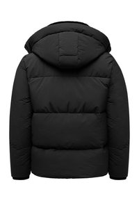 Black puffer jacket, featuring a detachable hood, quilted texture, and elastic cuffs. Smooth exterior with a relaxed fit and horizontal seams.