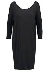 Robe noire mi-longue avec manches trois-quarts et large encolure arrondie, conçue pour une coupe décontractée.
