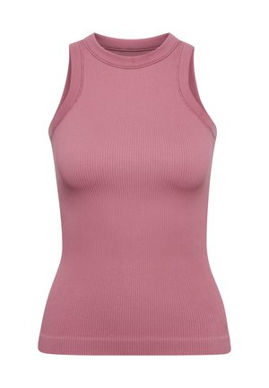 Ribbed, sleeveless top in dusty rose with a round neckline. Soft fabric, fitted silhouette, and subtle seam detailing.