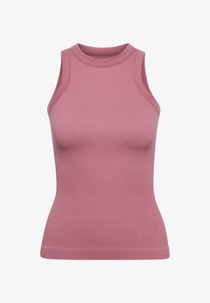Prążkowany, bezrękawnik w kolorze przybrudzonego różu z okrągłym dekoltem. Miękka tkanina, dopasowany krój i subtelne detale szwów.
