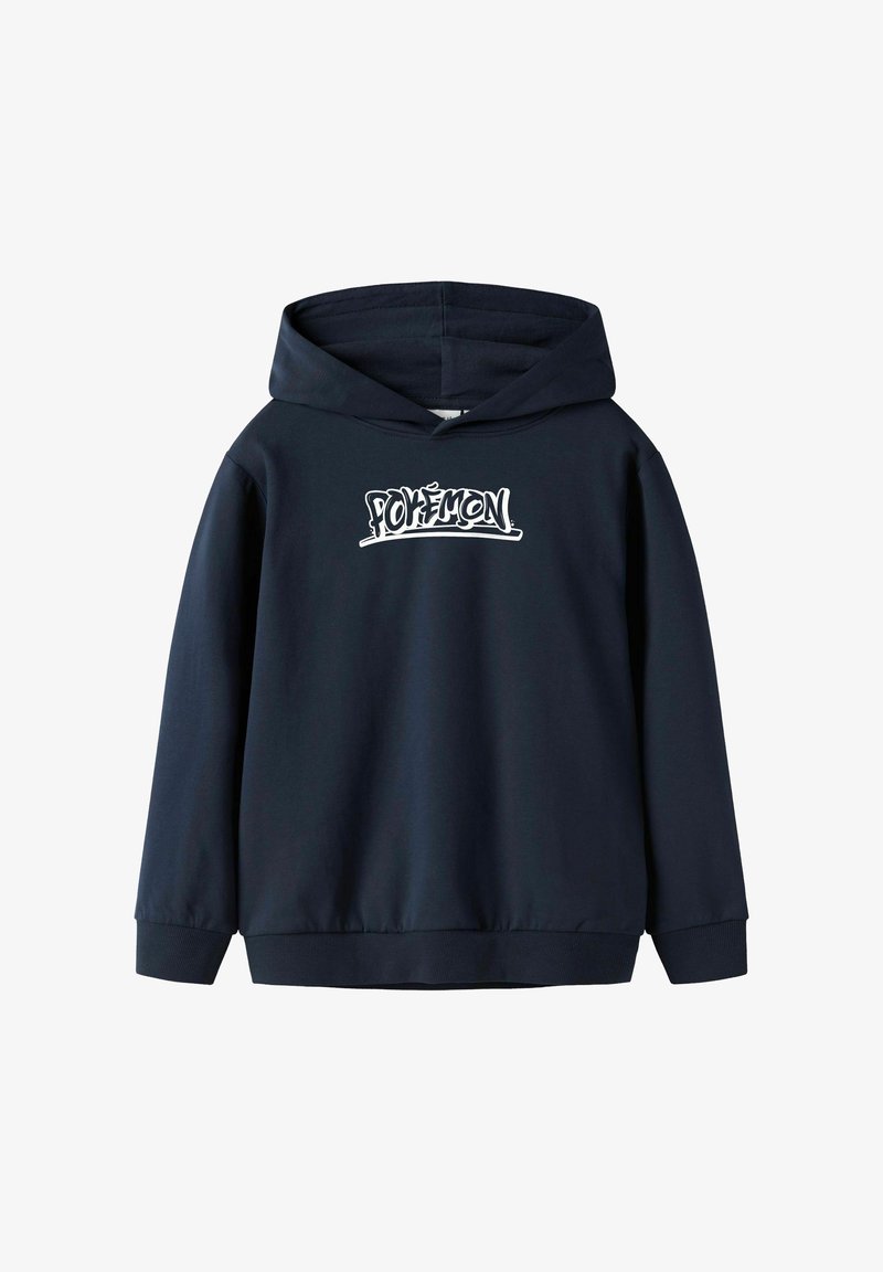 Granatowy hoodie z przednią kieszenią, kapturem z regulacją sznurkiem oraz białym logo "Pokémon". Wykonany z miękkiego materiału, z ribbowymi mankietami i dołem.