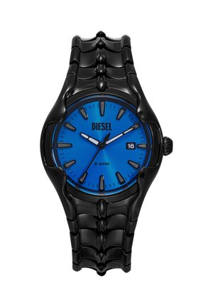 Schwarze Metall Diesel-Armbanduhr mit blauem Zifferblatt, silbernen Stundenmarkierungen, Datumsanzeige bei 3 Uhr und Gliederarmband mit einzigartigem Design.