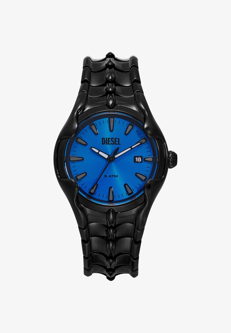 Schwarze Metall Diesel-Armbanduhr mit blauem Zifferblatt, silbernen Stundenmarkierungen, Datumsanzeige bei 3 Uhr und Gliederarmband mit einzigartigem Design.