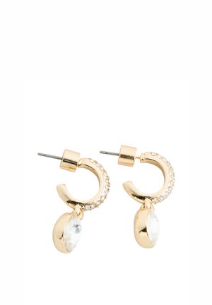 Gold-tone hoop earrings with a crystal drop pendant, featuring a textured surface and small clear rhinestones around the hoop.