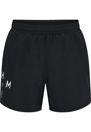 Schwarze Sportshorts mit elastischem Bund und weißen Buchstabenfragmenten am linken Bein, entworfen für Freizeit- oder Sportbekleidung.